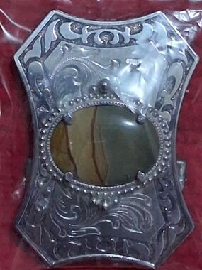 Engraved Silver-Tone Belt Buckel with Green-Brown Oval Stone